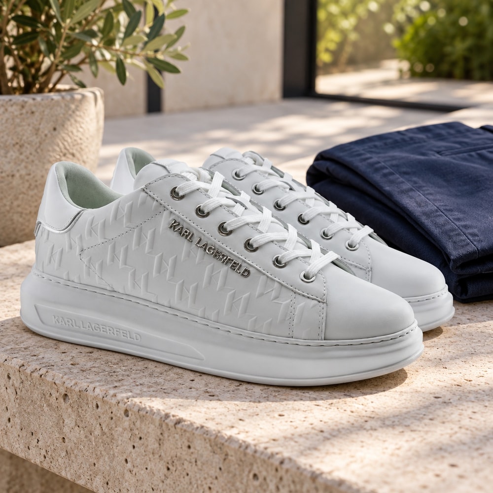 Escena ilustrativa de las zapatillas blancas Karl Lagerfeld junto a prendas azul marino