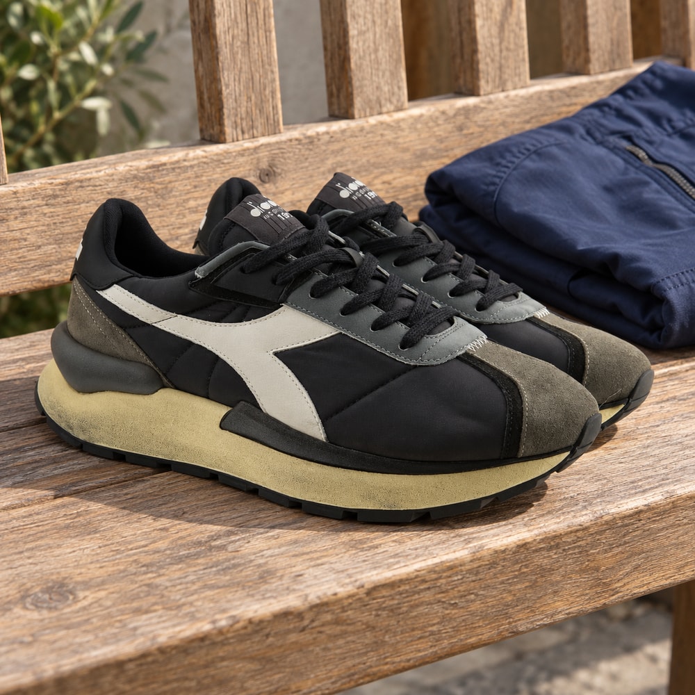 Ambientación con IA: Zapatillas Diadora Mercury Elite de hombre en negro, junto a prendas lisas.
