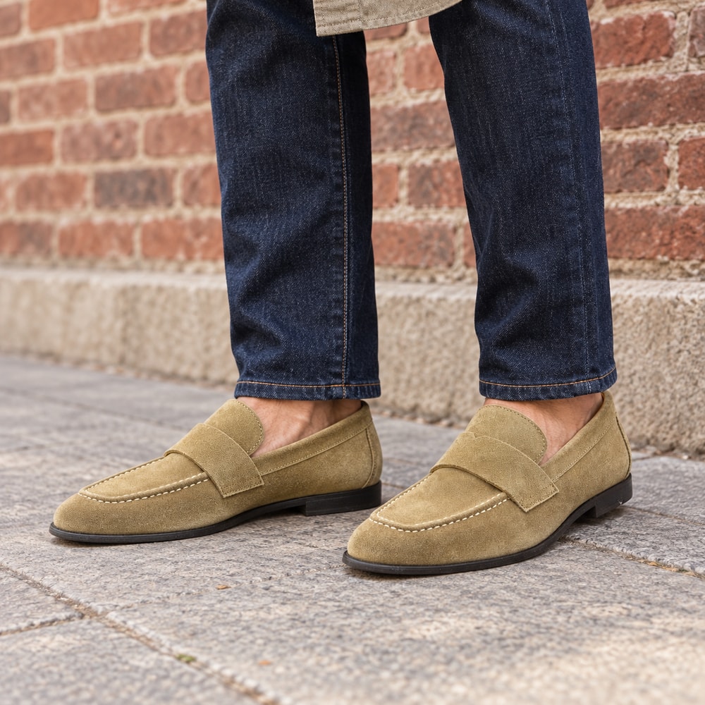 Ambientación con IA: Mocasines Calce de hombre en taupe, puesto con pantalones.