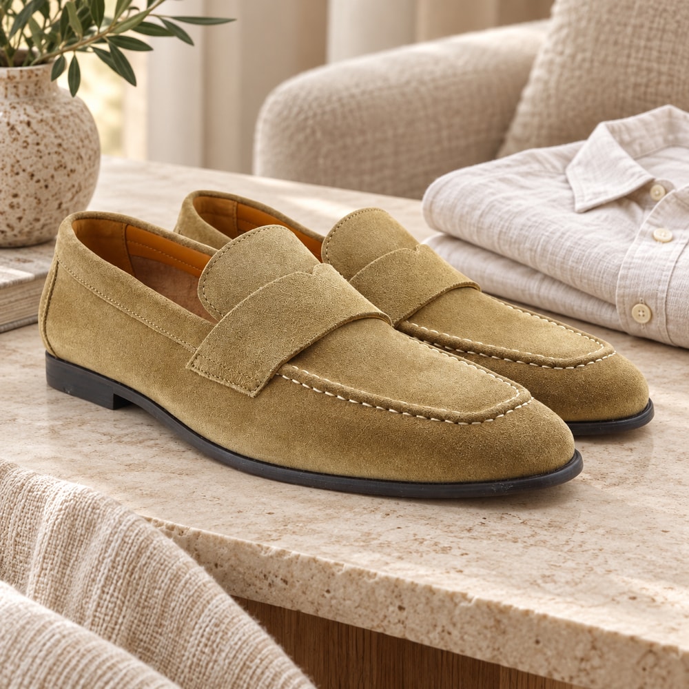 Ambientación con IA: Mocasines Calce de hombre en taupe, junto a prendas lisas.