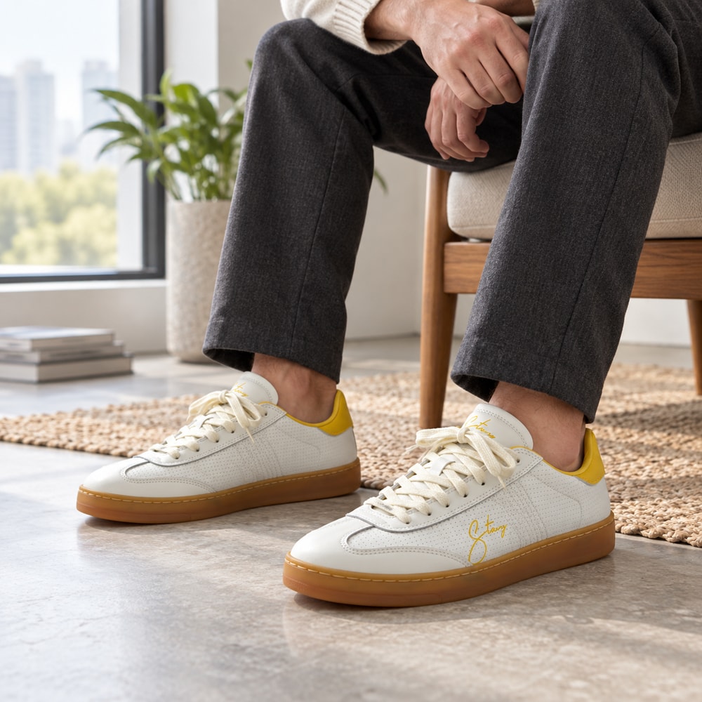 Ambientación con IA: Zapatillas Stacy Lotus de hombre en blanco y amarillo, puesto con pantalones.