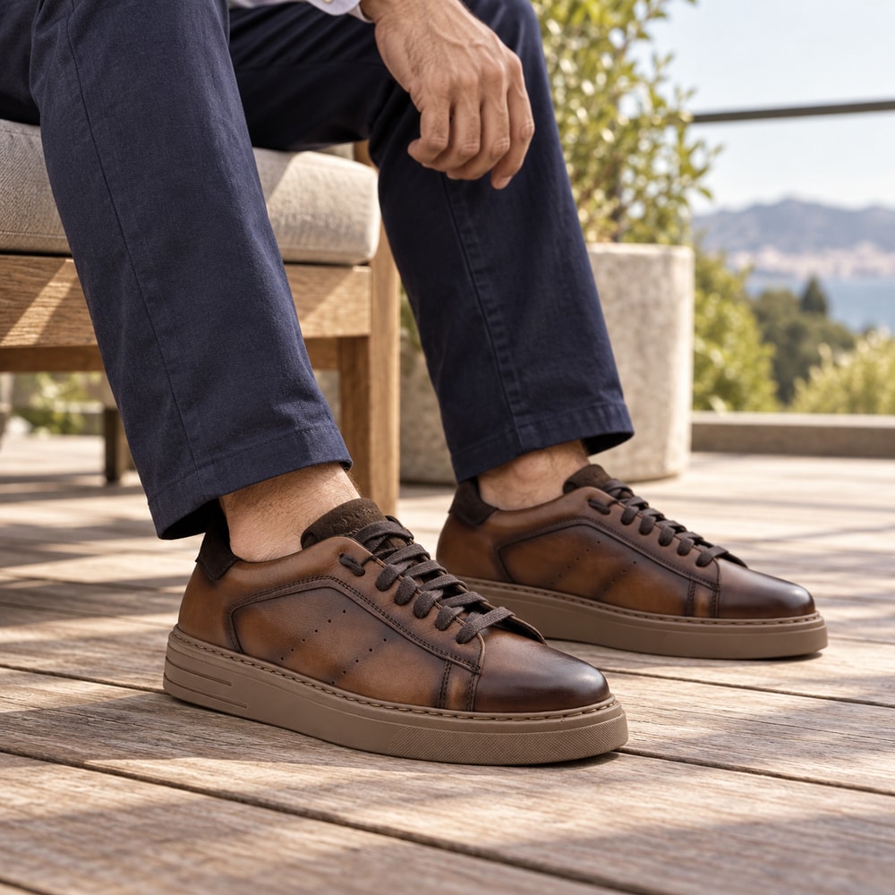 Ambientación con IA: Zapatos deportivos Calce de hombre en tabaco, puesto con pantalones.