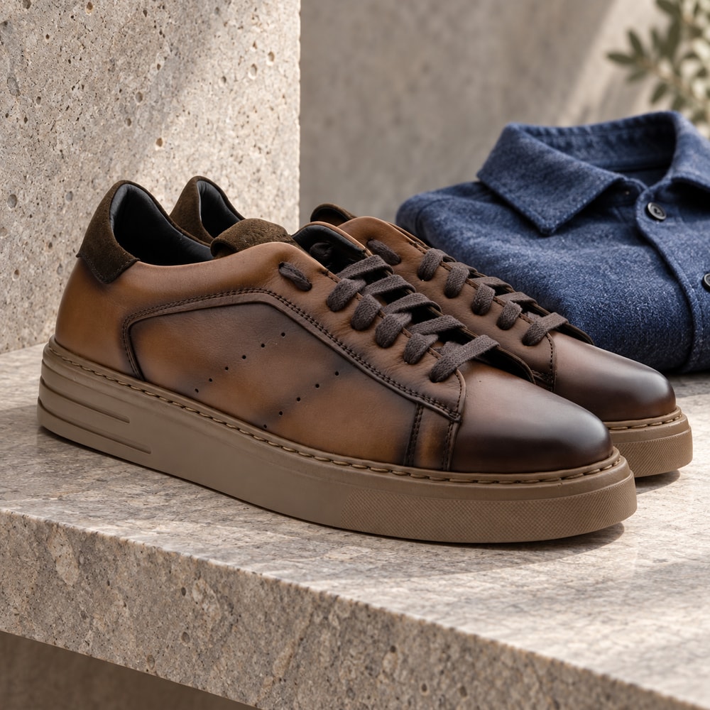Ambientación con IA: Zapatos deportivos Calce de hombre en tabaco, junto a prendas lisas.