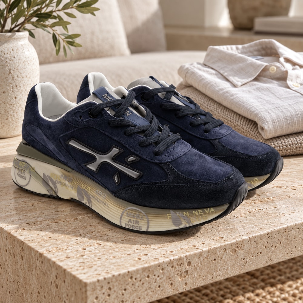 Ambientación con IA: Zapatillas Premiata Moerun de hombre en azul, junto a prendas lisas.