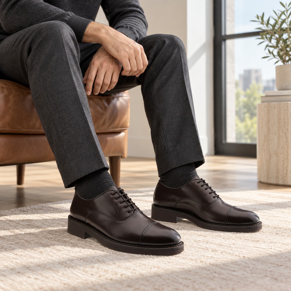 Ambientación con IA: Bluchers Calce de hombre en color cacao, puesto con pantalones.