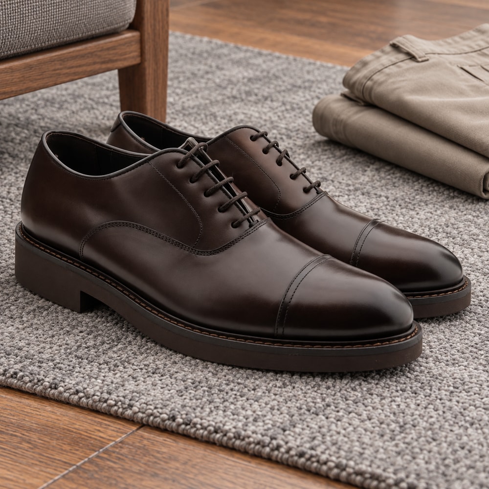 Ambientación con IA: Bluchers Calce de hombre en color cacao, junto a prendas lisas.