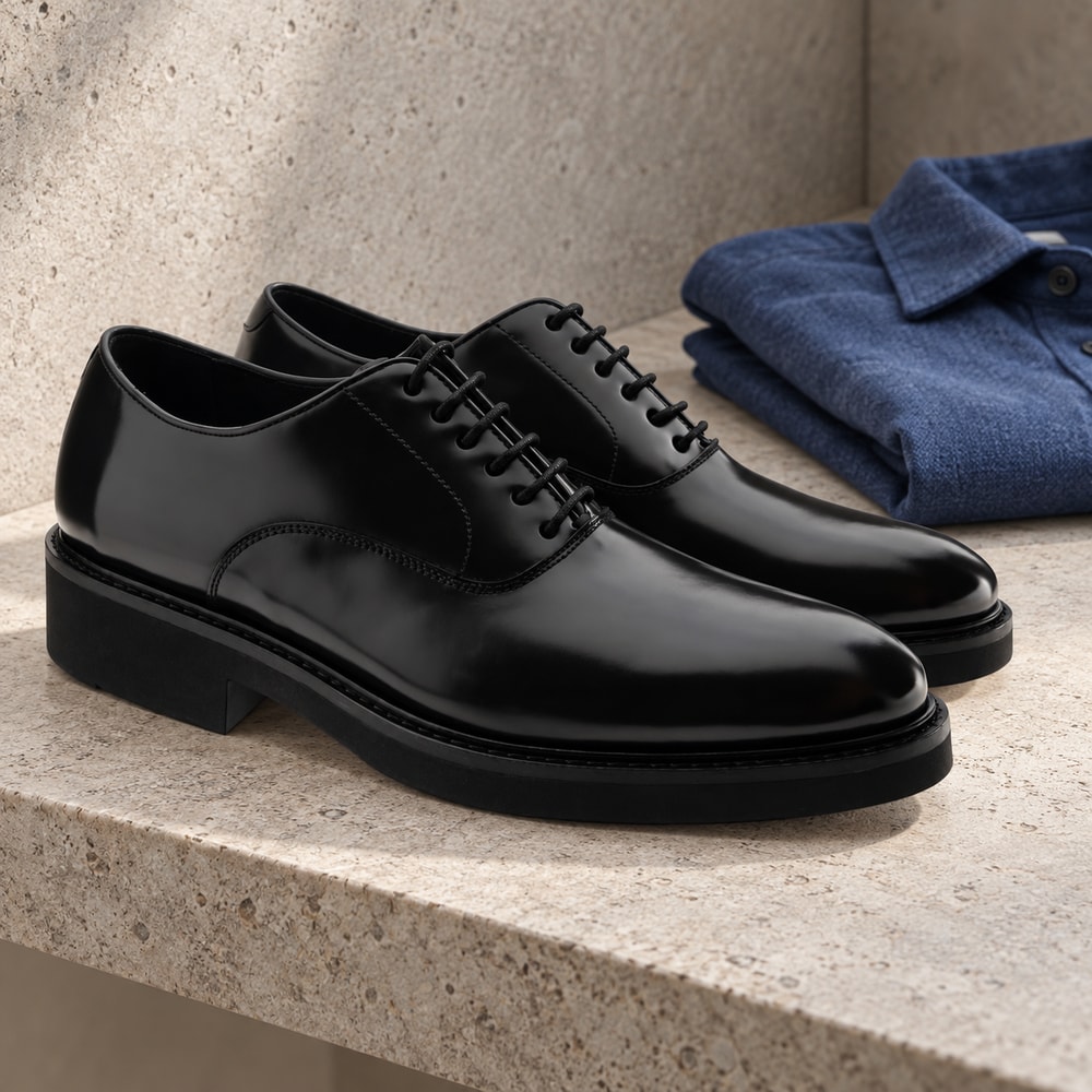 Ambientación con IA: Bluchers Calce de hombre en negro, junto a prendas lisas.