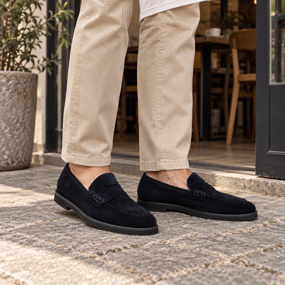 Ambientación con IA: Mocasines Calce de hombre en azul, puesto con pantalones.