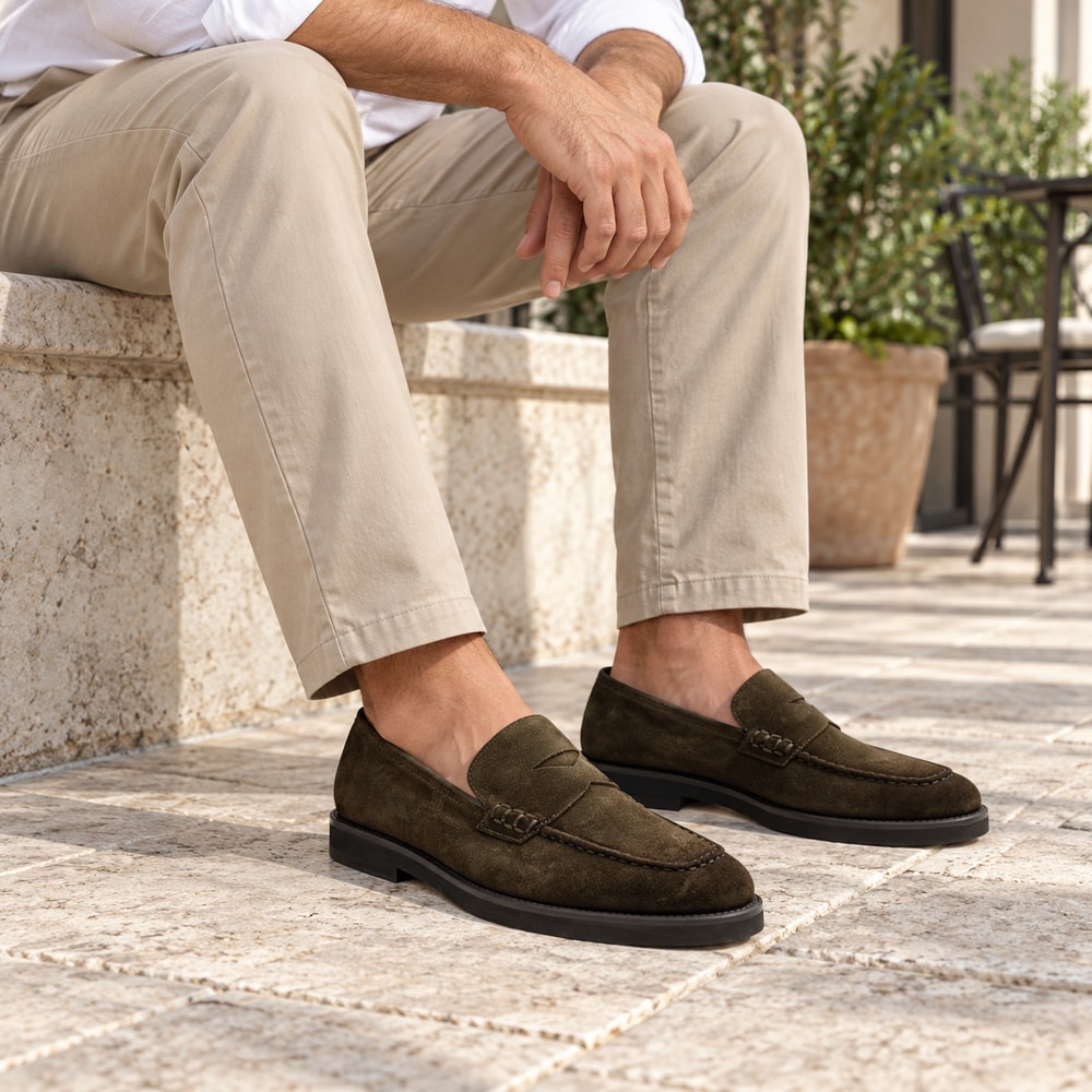 Ambientación con IA: Mocasines Calce de hombre en verde, puesto con pantalones.