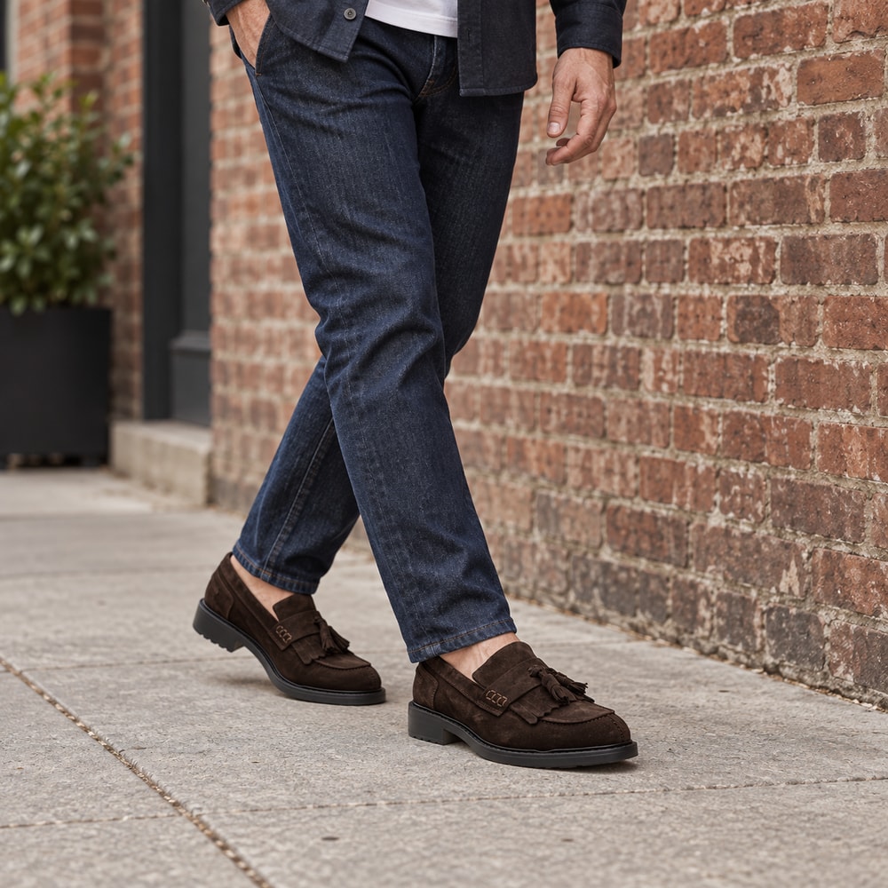 Ambientación con IA: Mocasines Calce de hombre en marrón, puesto con pantalones.