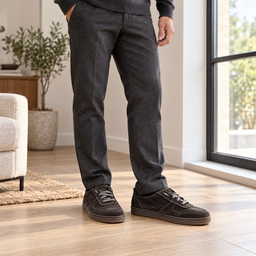 Ambientación con IA: Zapatos deportivos Calce de hombre en gris, puesto con pantalones.