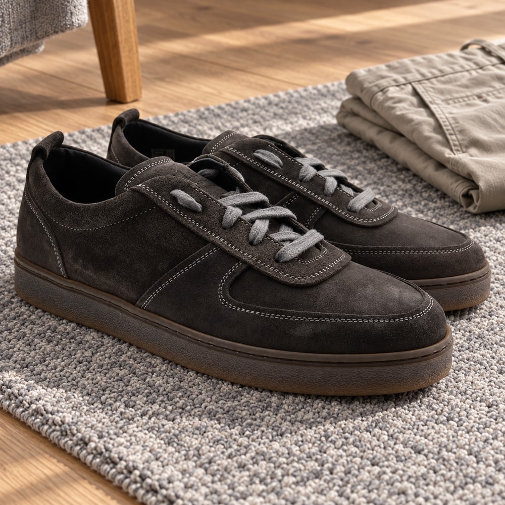 Ambientación con IA: Zapatos deportivos Calce de hombre en gris, junto a prendas lisas.