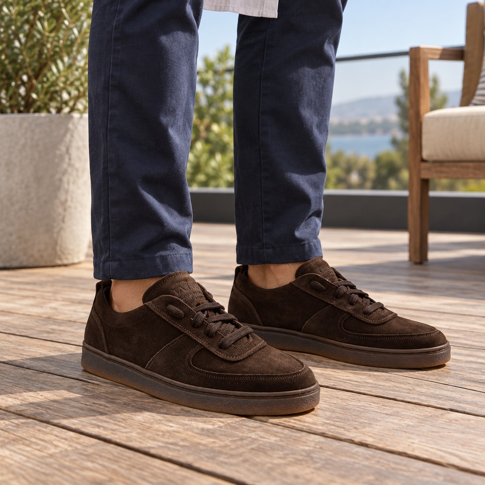 Ambientación con IA: Zapatos deportivos Calce de hombre en marrón, puesto con pantalones.