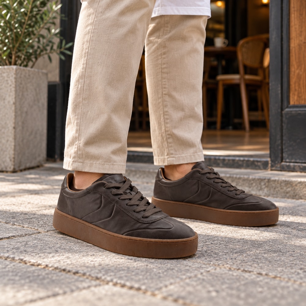 Ambientación con IA: Zapatillas Voile Blanche Mind de hombre en marrón, puesto con pantalones.