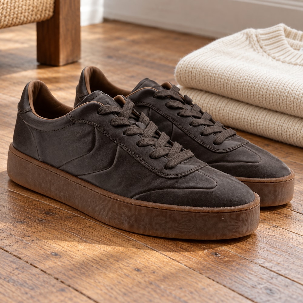Ambientación con IA: Zapatillas Voile Blanche Mind de hombre en marrón, junto a prendas lisas.