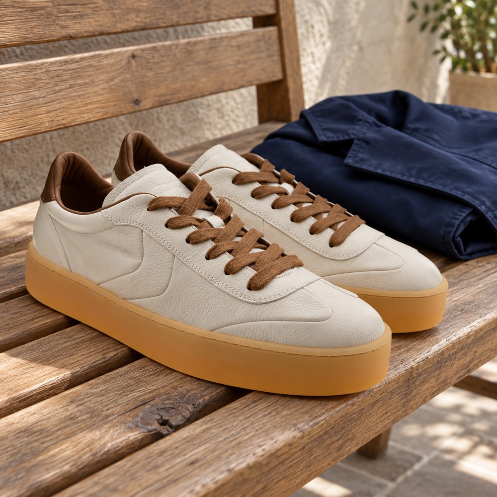 Ambientación con IA: Zapatillas Voile Blanche Mind de hombre en blanco, junto a prendas lisas.