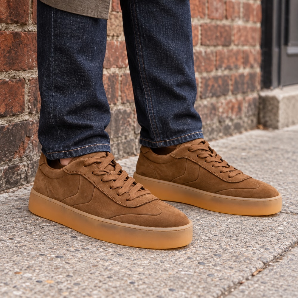 Ambientación con IA: Zapatillas Voile Blanche Mind de hombre en coñac, puesto con pantalones.