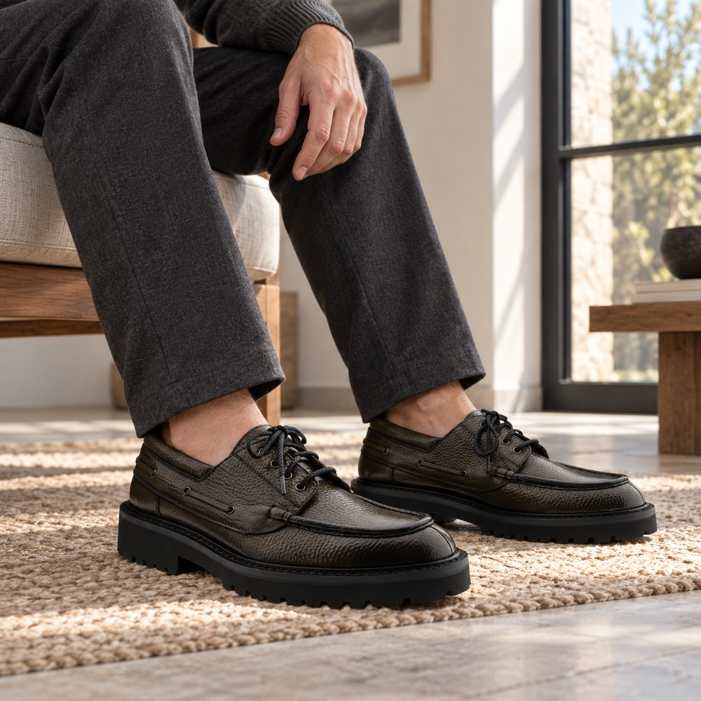 Ambientación con IA: Náuticos Calce de hombre en kaki, puesto con pantalones.