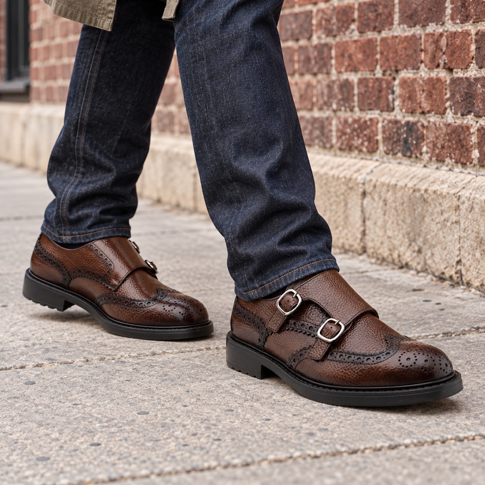 Ambientación con IA: Zapatos de doble hebilla Calce de hombre en coñac, puesto con pantalones.