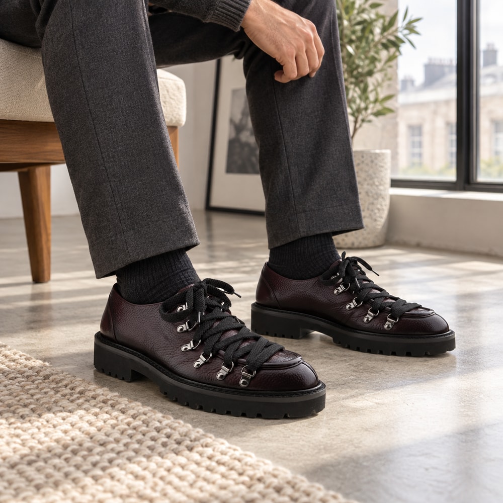 Ambientación con IA: Bluchers Calce de hombre en burdeos, puesto con pantalones.