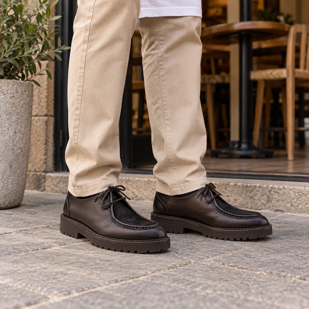 Ambientación con IA: Zapatos Wallaby Calce de hombre en color cacao, puesto con pantalones.