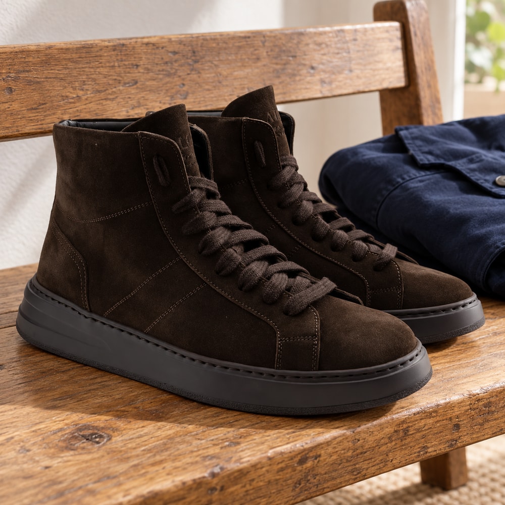 Ambientación con IA: Botas deportivas Calce de hombre en color chocolate, junto a prendas lisas.