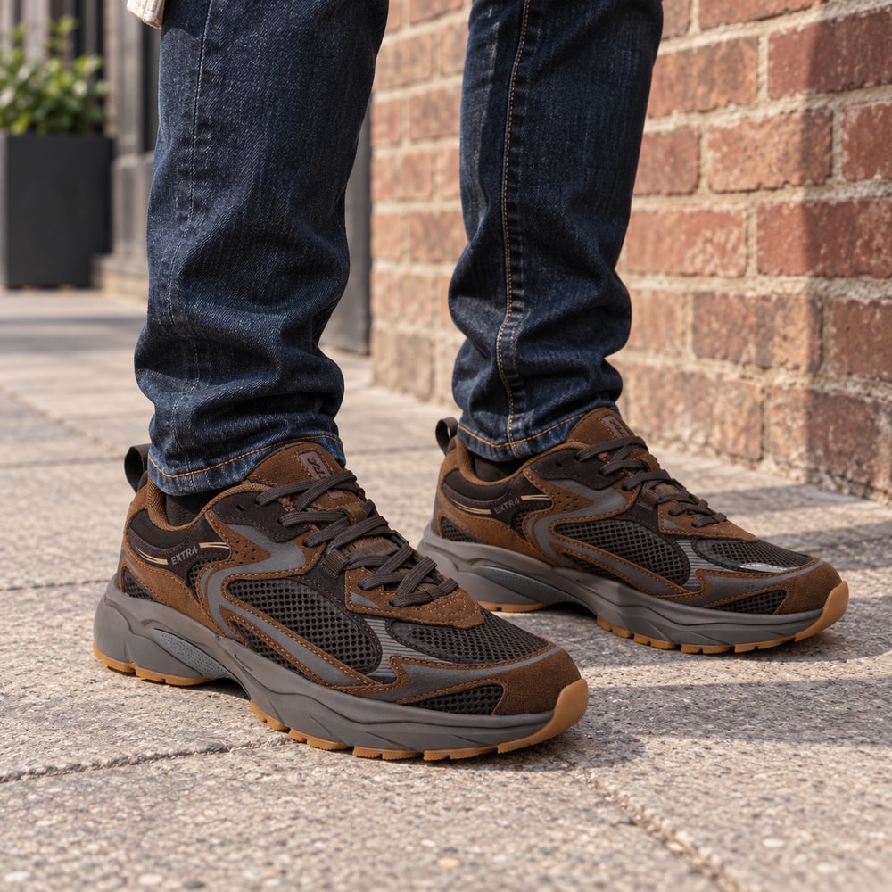 Ambientación con IA: Zapatillas Extra4 de hombre en marrón, puesto con pantalones.