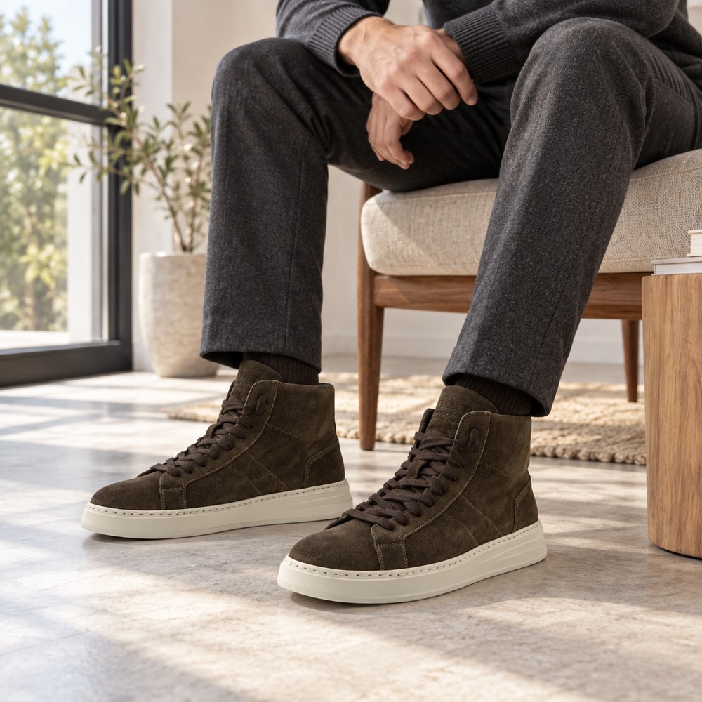 Ambientación con IA: Botas deportivas Calce de hombre en verde, puesto con pantalones.