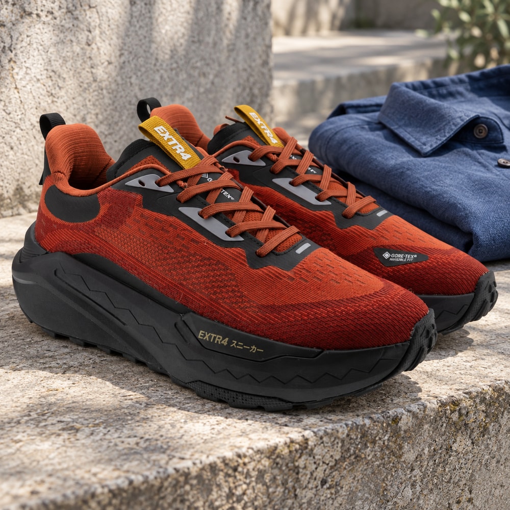 Ambientación con IA: Zapatillas Extra4 de hombre en color caldero, junto a prendas lisas.