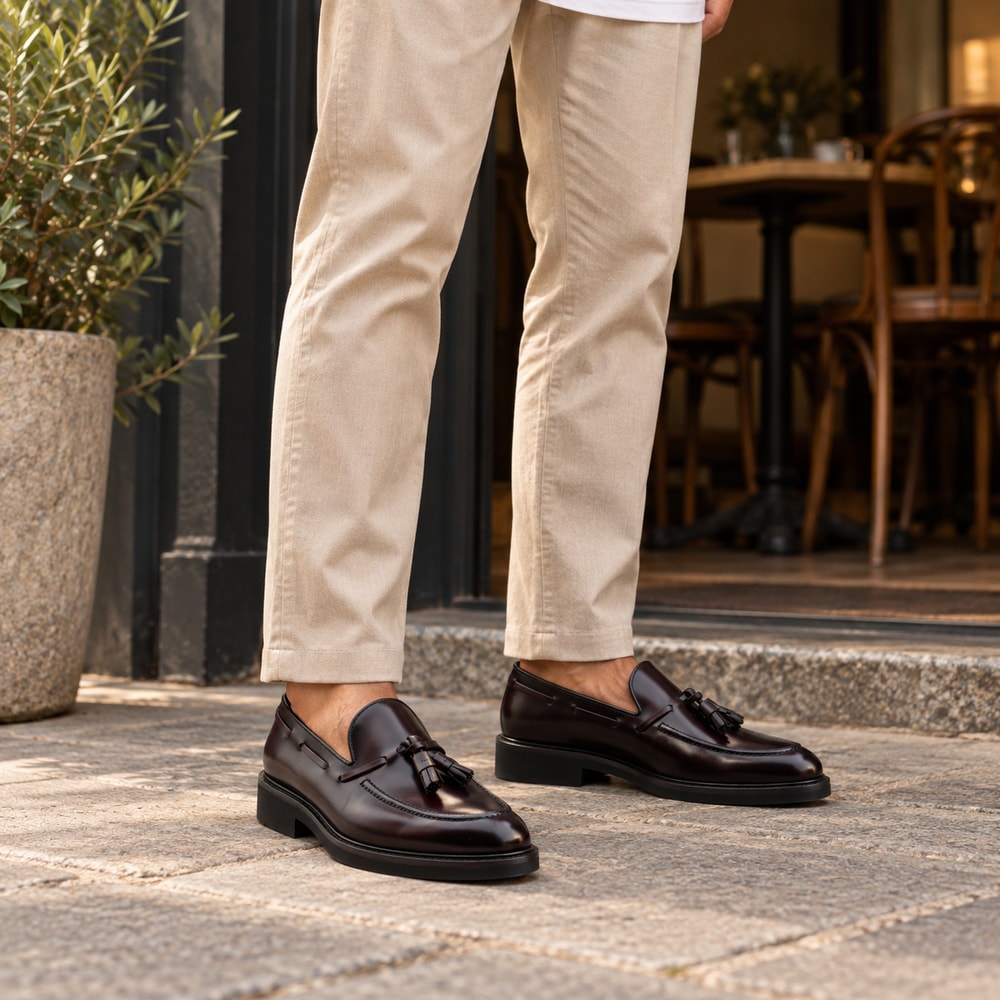 Ambientación con IA: Mocasines Calce de hombre en burdeos, puesto con pantalones.