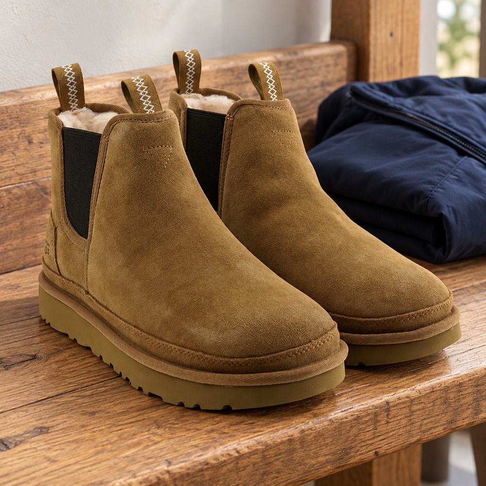 Ambientación con IA: Botas UGG Neumel Chelsea de hombre en color cuero, junto a prendas lisas.