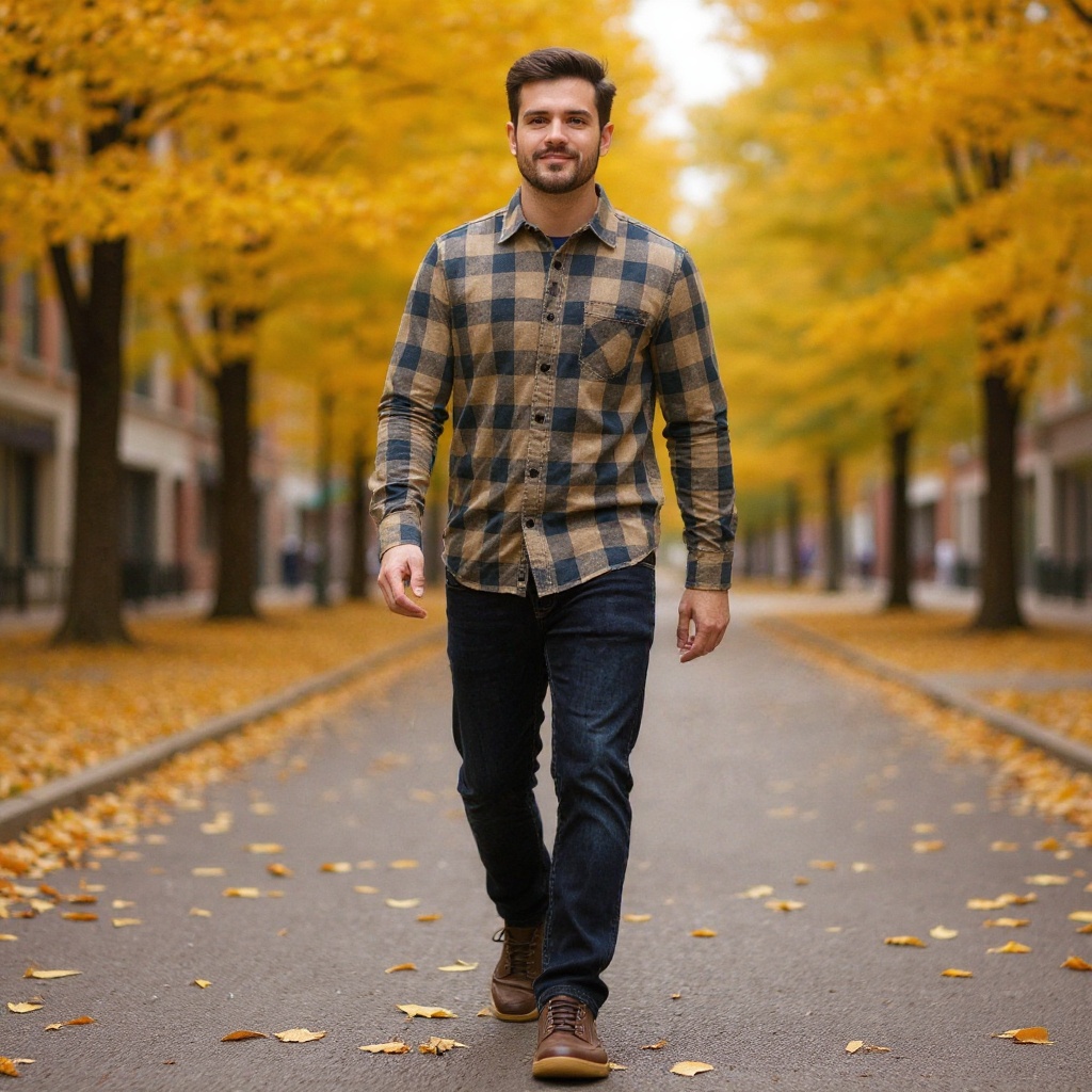 Hombre joven caminando por un parque urbano en otoño, vistiendo zapatillas deportivas marrones TIMBERLAND, vaqueros y una camisa de cuadros casual.