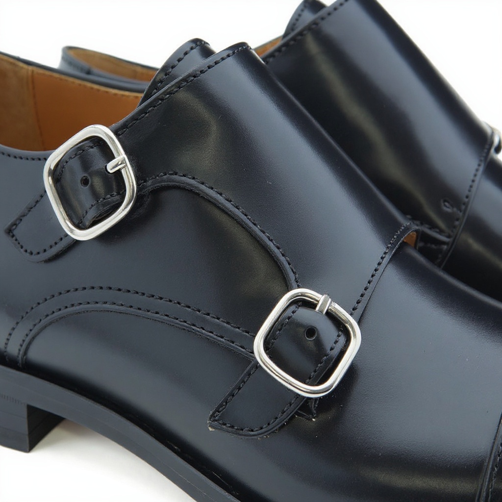 Detalle de los materiales y la construcción artesanal de los zapatos CALCE 2 hebillas negro, mostrando la piel de alta calidad y las hebillas.