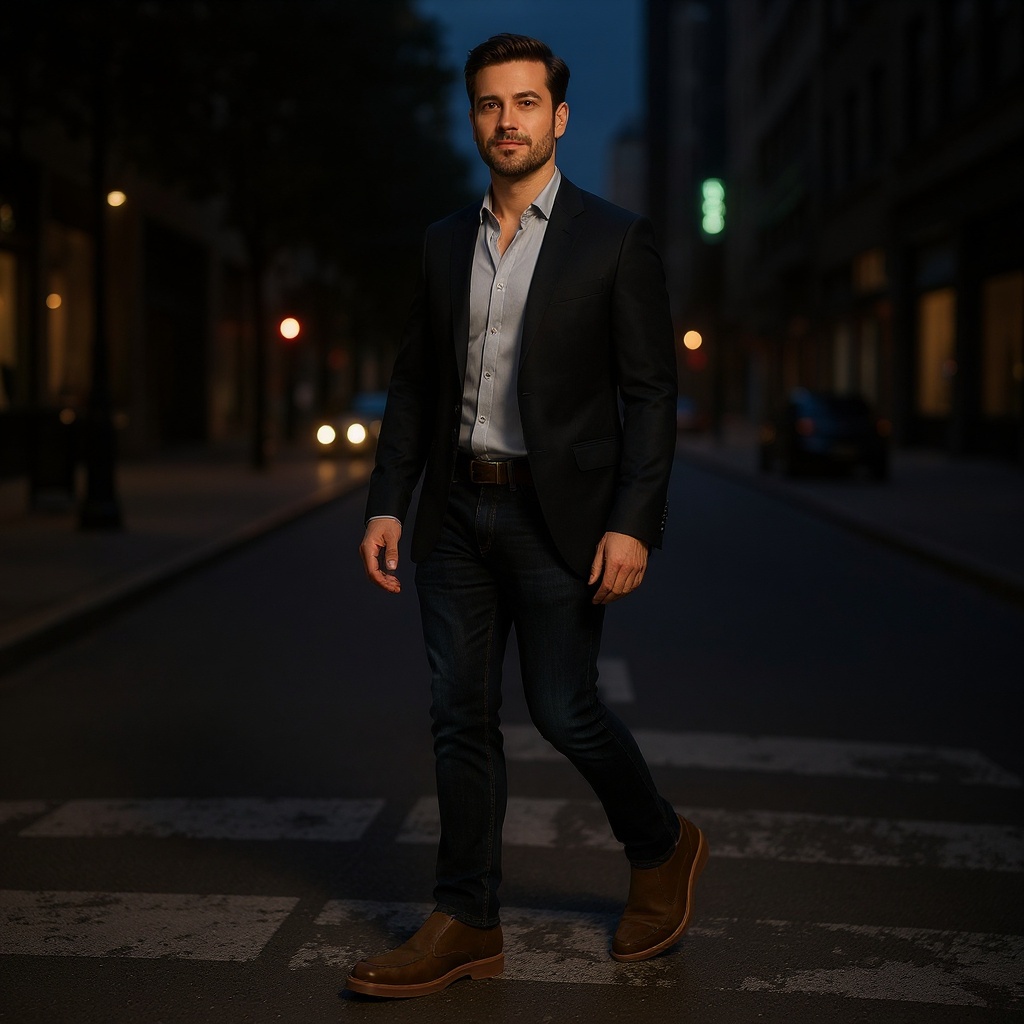 Hombre con botines CALCE de cuero caminando por la ciudad, combinando estilo casual y formal.