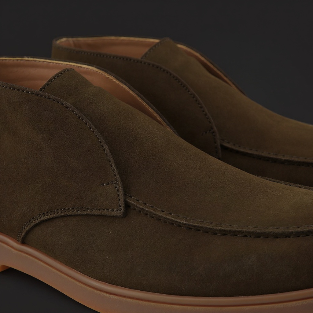 Detalle de materiales y construcción del botín CALCE de cuero, mostrando la calidad de la piel y las costuras.