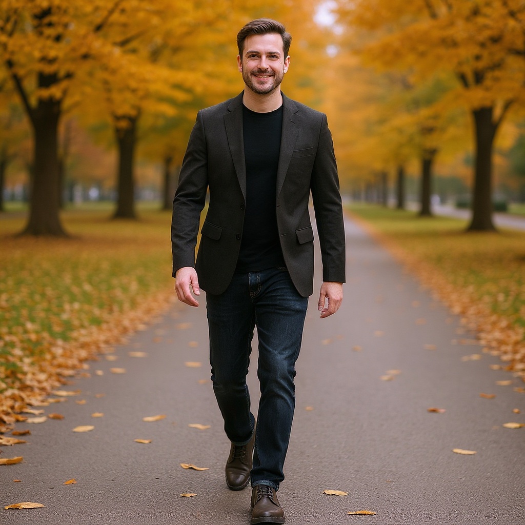 Hombre elegante con botines Chelsea marrones CALCE, jeans oscuros y blazer, paseando por un parque urbano en otoño, mostrando un estilo de vida sofisticado y relajado.