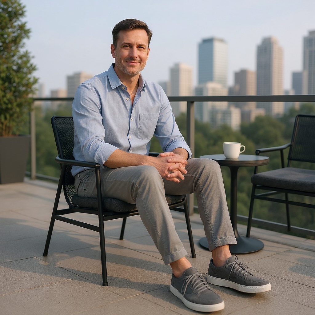 Hombre con mocasines CALCE grises, pantalones chinos y camisa de lino, relajado en una terraza urbana.