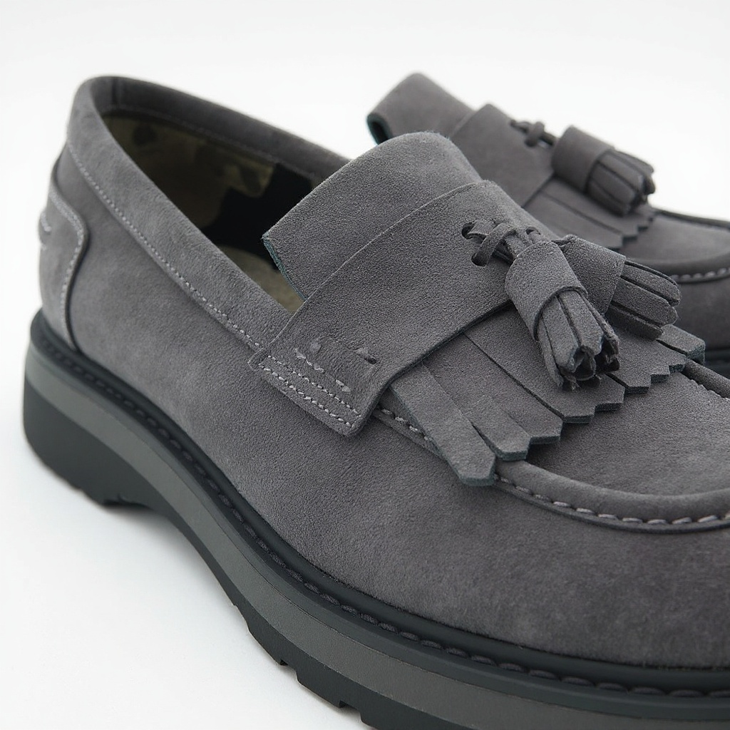 Primer plano de los mocasines CALCE grises, mostrando la textura de la piel, nubuck y el material BLOK, con énfasis en la costura artesanal.