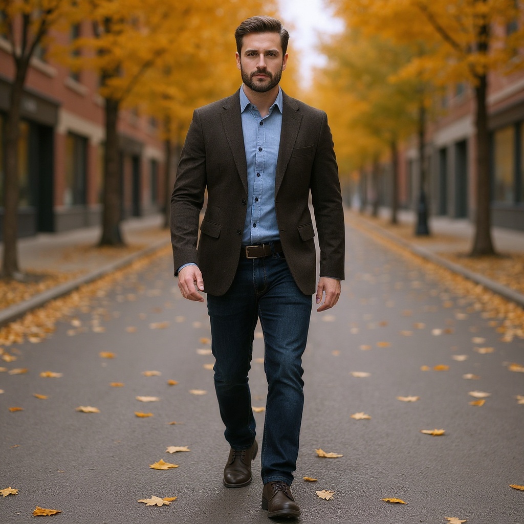 Hombre caminando por una calle urbana en otoño, luciendo elegantes botas CALCE marrones de piel, jeans oscuros y un blazer.