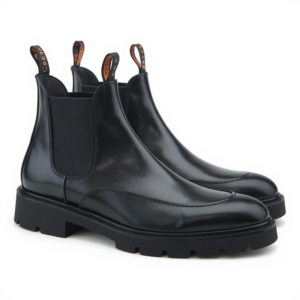 Primer plano detallado de la bota CALCE chelsea negra, mostrando la calidad del cuero BLOK, las costuras y el panel elástico lateral.