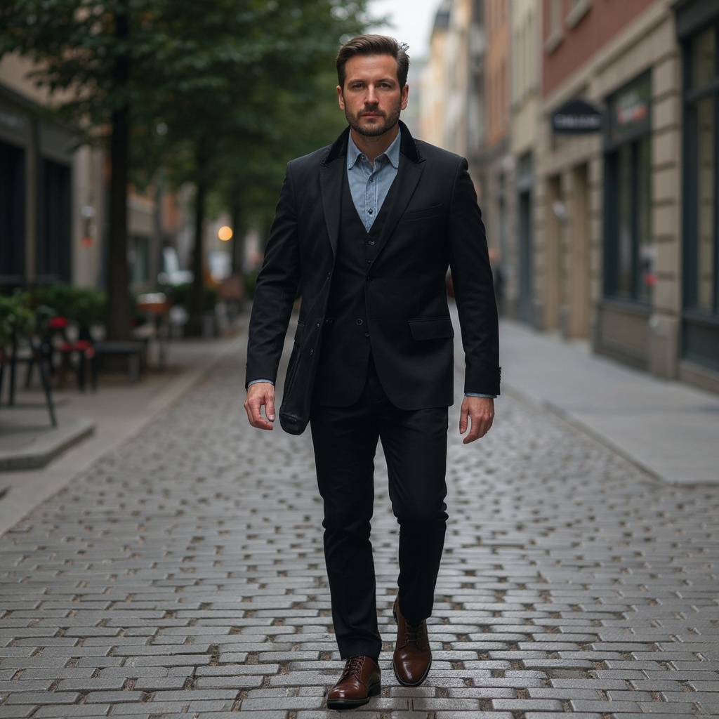 Hombre elegante caminando por la ciudad con botas marrones CALCE, combinadas con pantalones chinos y jersey de calidad.