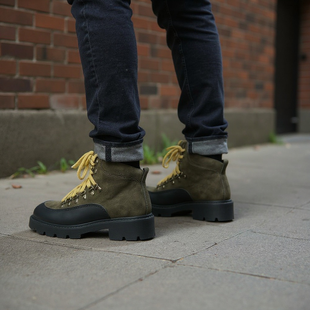 Hombre con botas CALCE verdes, jeans oscuros y chaqueta, paseando por la ciudad. La bota resalta su estilo moderno y desenfadado.