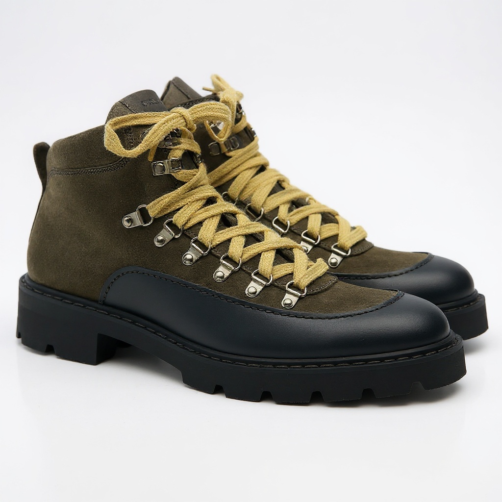 Detalle de la bota CALCE verde, mostrando la textura de la piel, el nubuck (NBK) y el material BLOK, con énfasis en las costuras y la suela.
