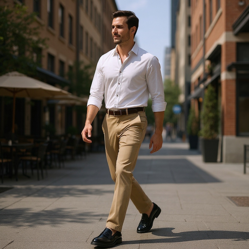Hombre con mocasines CALCE negros combinados con un atuendo casual elegante en un ambiente urbano.