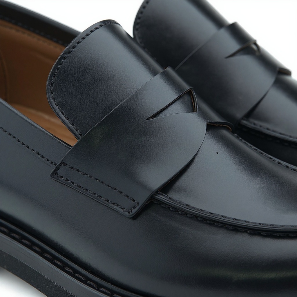 Detalle de los mocasines CALCE negros, mostrando la calidad de la piel y la costura artesanal.