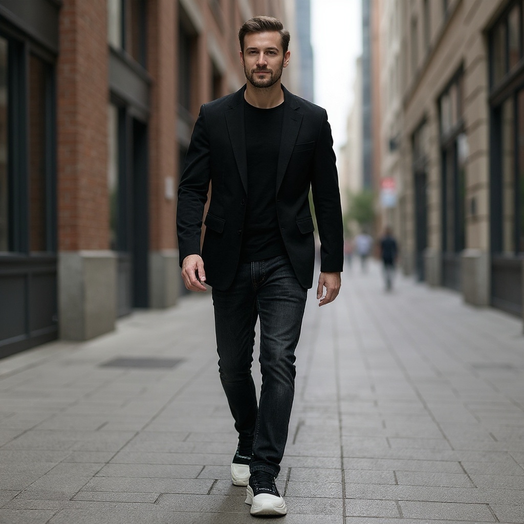Hombre con zapatillas deportivas negras Karl Lagerfeld en un entorno urbano elegante.