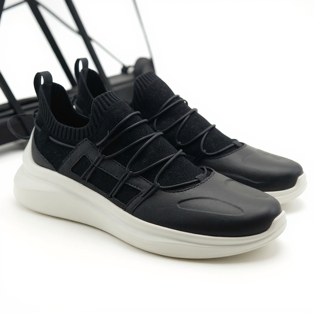 Primer plano detallado del zapato deportivo negro Karl Lagerfeld, mostrando la textura de piel y napa.