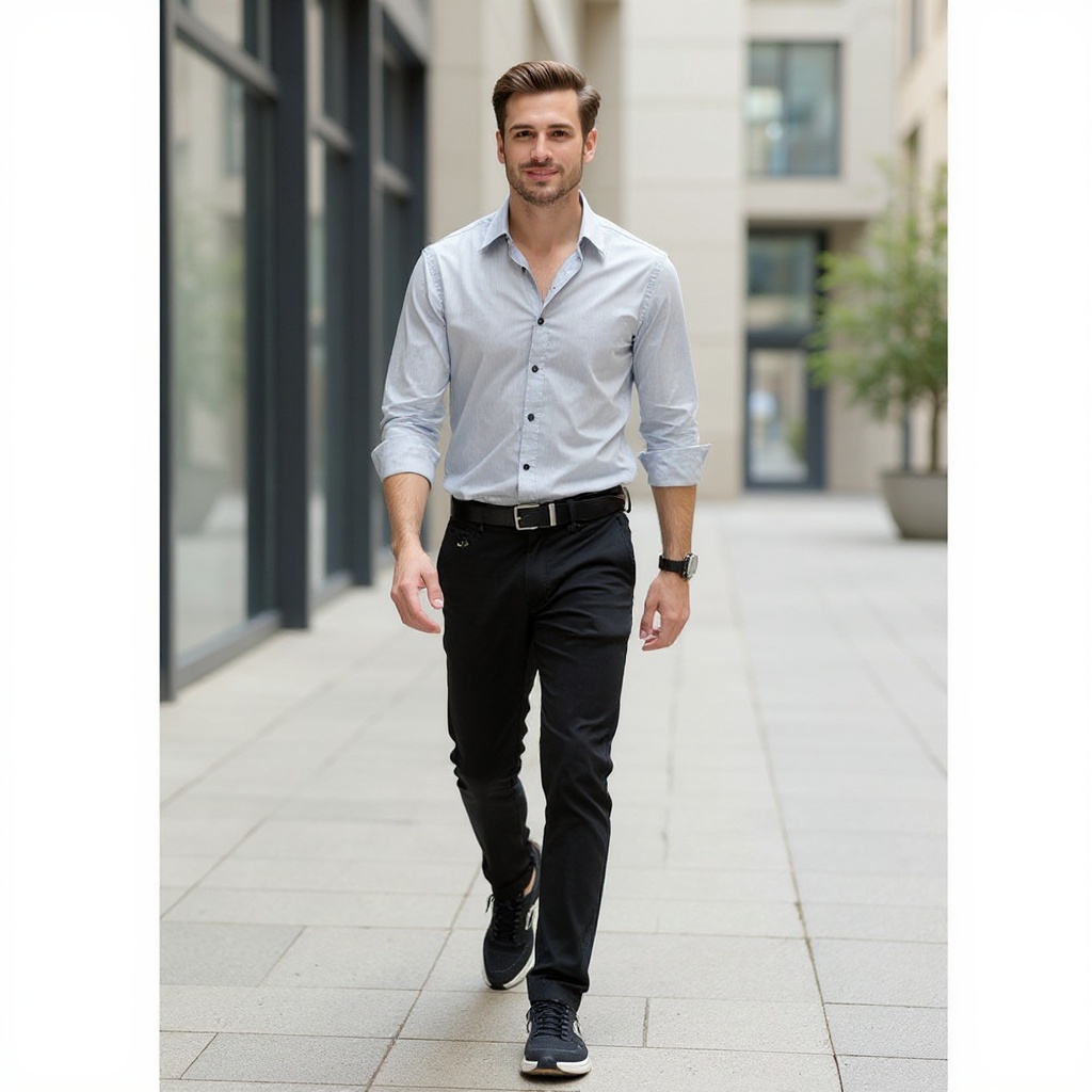 Hombre elegante luciendo zapatillas deportivas blancas KARL LAGERFELD en un entorno urbano moderno, combinadas con chinos y camisa.