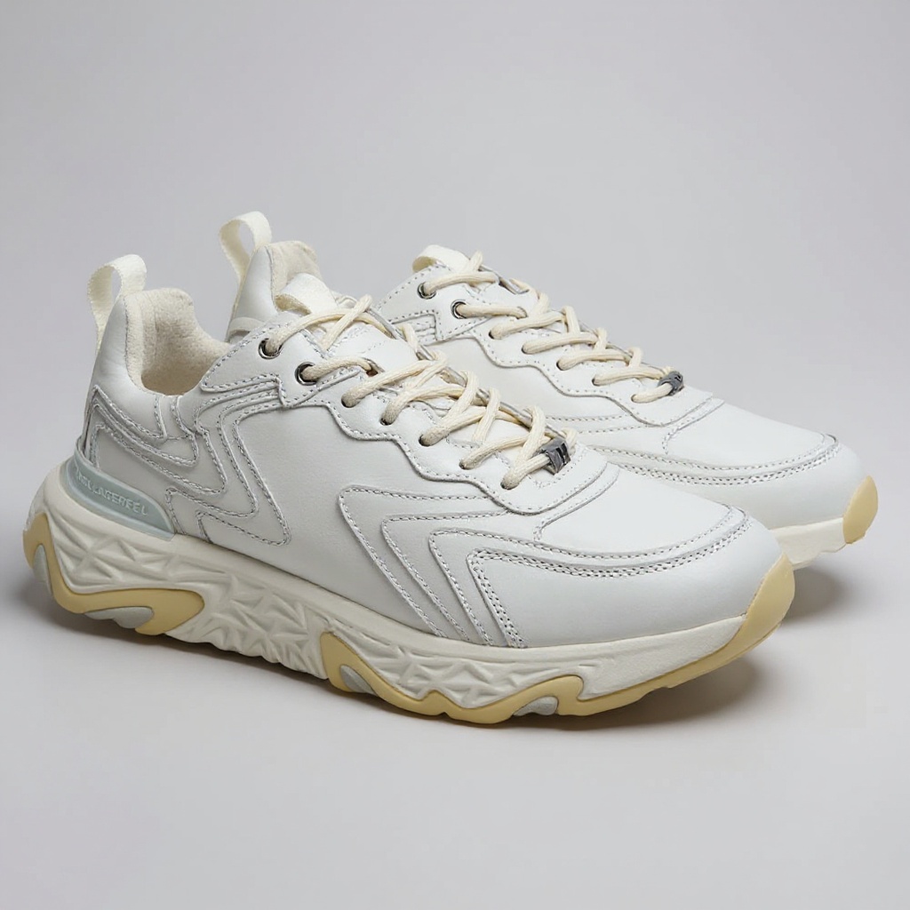 Detalle técnico de las zapatillas deportivas blancas KARL LAGERFELD, mostrando la combinación de materiales BLOK, piel y napa.