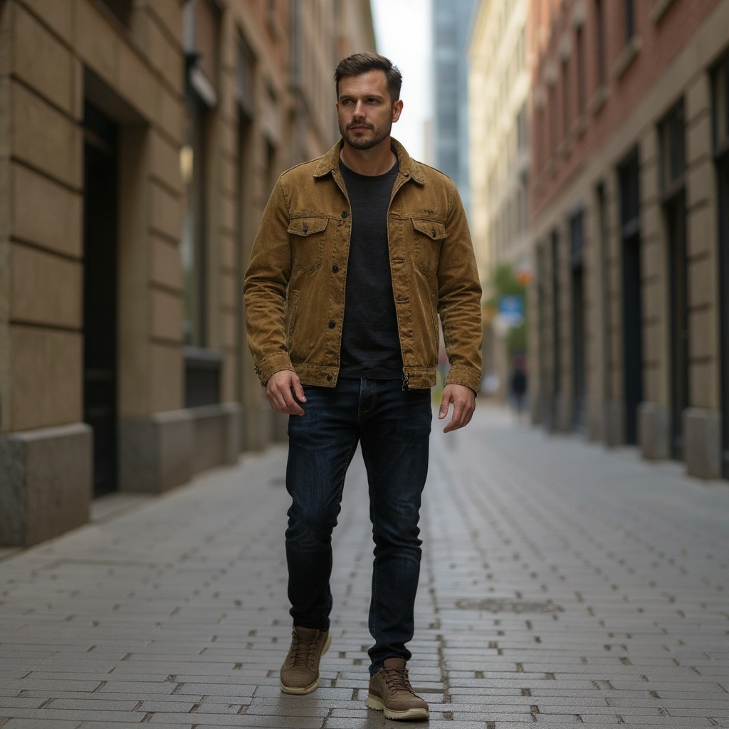 Hombre con botas deportivas marrones VOILE BLANCHE, jeans y chaqueta, caminando por una calle urbana moderna.